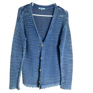 PBJ Blues Open Knit Cardigan Crochet Blue Women M Boho Coastal Preppy